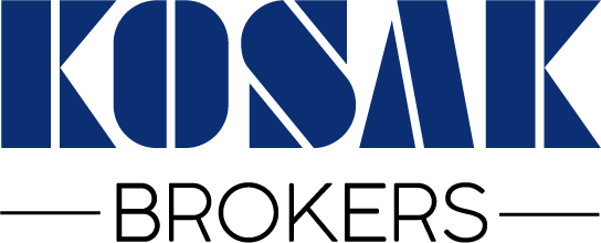 Texto en azul con la palabra KOSAK y debajo entre dos lineas horizonales, la palabra BROKERS en color negro.
